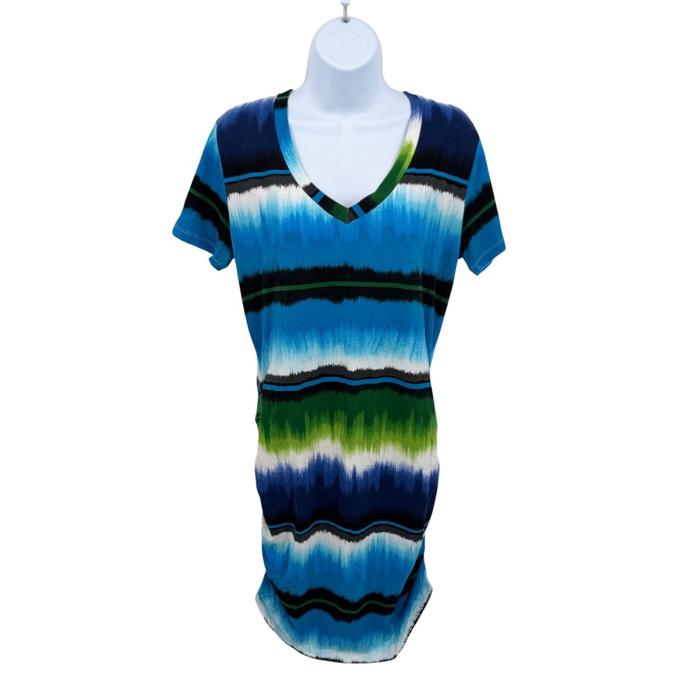 Tommy Bahama Womens M T-Shirt Dress Blue Green Ikat Stripe V-Neck